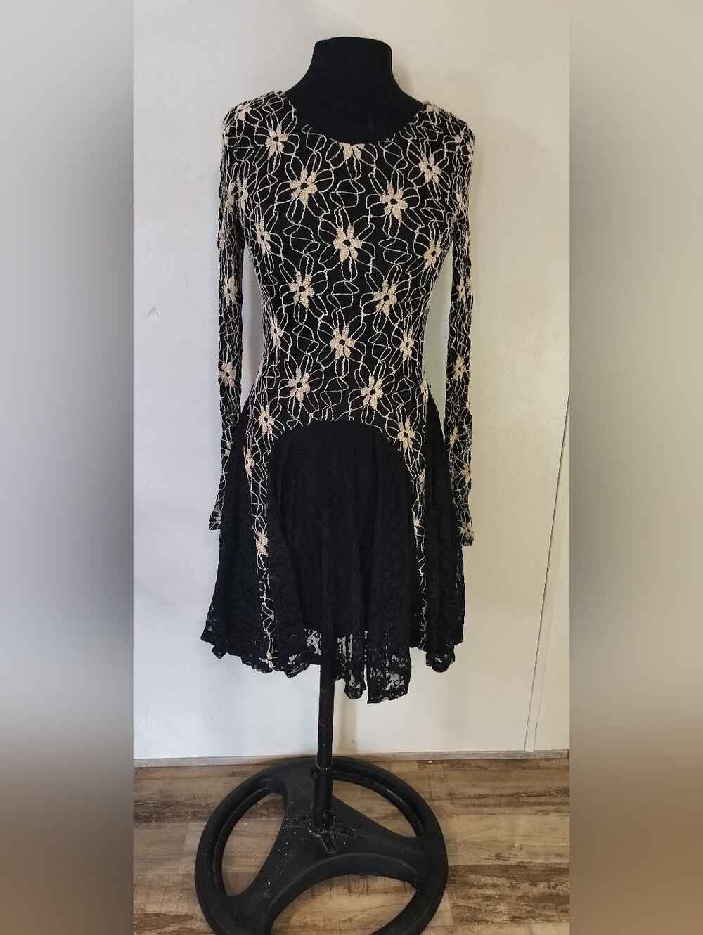 Areve Black Dress with Cream Floral Lace Overlay